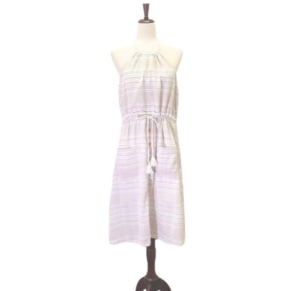 Minkpink Textured Neutral Tan White Striped Midi Halter Summer Dress Size Large - Picture 12 of 12